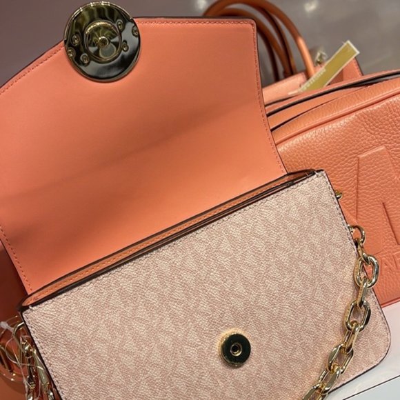 Michael Kors Carmen Small Monogram Flap Crossbody Sherbert Color - Picture 13 of 16